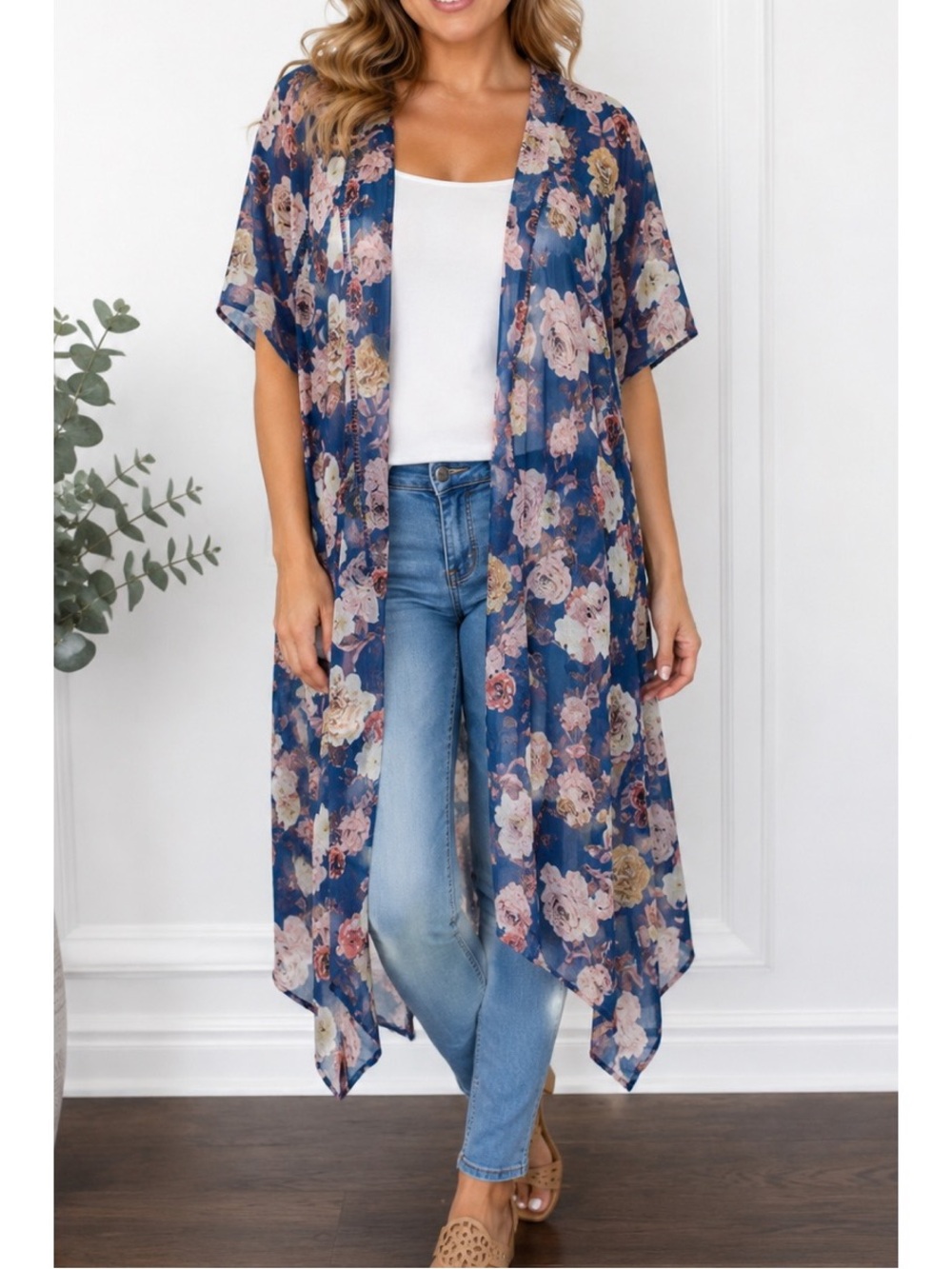 Band of Gypsies long floral kimono shawl featuring a blue background & floral